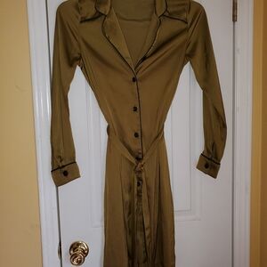 Current Air Olive Button-Up Satin Long Sleeve Dress